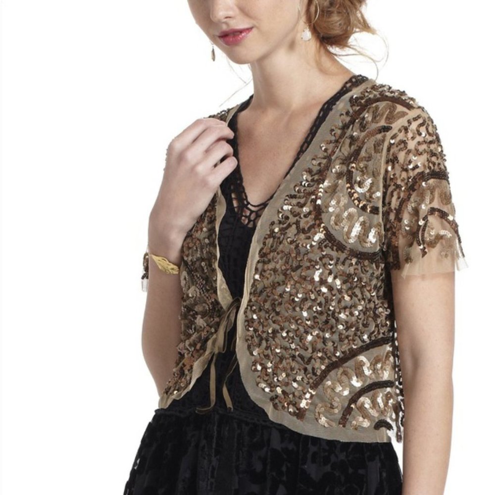 Anthropologie Gold Sequin Short-Sleeve Embellished Top